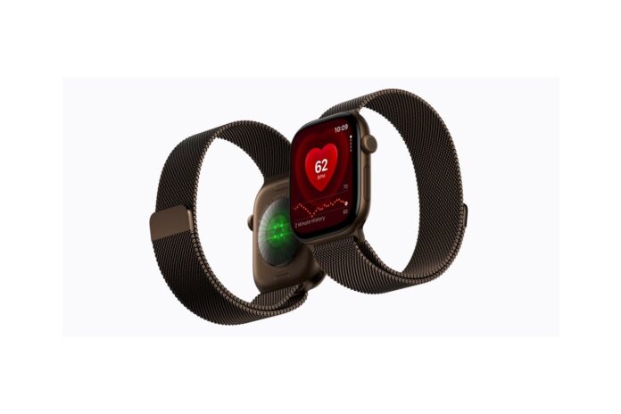 Apple Watch Series 12 cu senzorii optici de pe spate vizibili si ecranul afisand ritmul cardiac